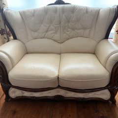 3 Piece Leather Sofa Suite Carved Wood Frame Ornate Italian Style