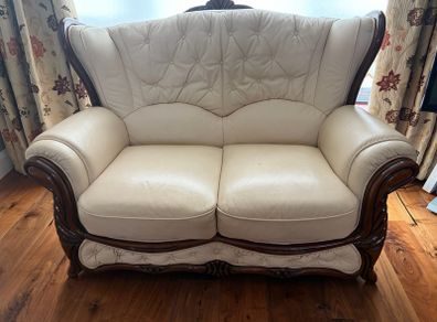 3 Piece Leather Sofa Suite Carved Wood Frame Ornate Italian Style