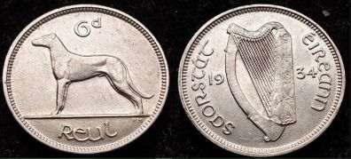 [#644] - Ireland 1934 | Irish 6d | Six Pence | Wolfhound | KM.5