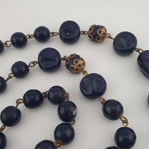 Antique African Style Cobalt Blue Glass & Brass Beads Long Necklace
