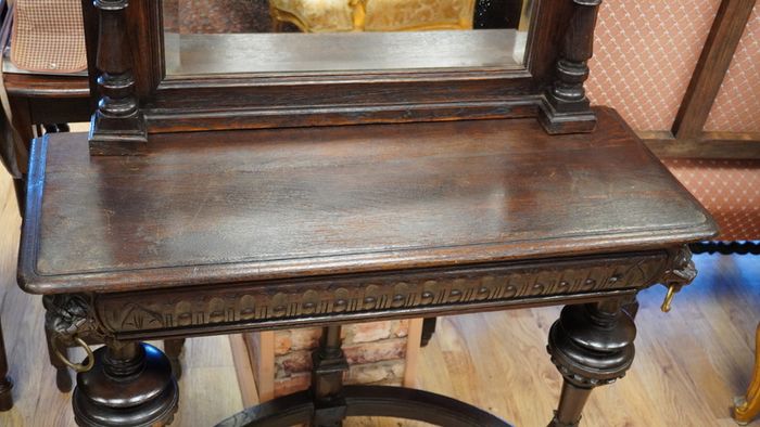 Antique Gothic Revival Oak Hall Console with Mirror