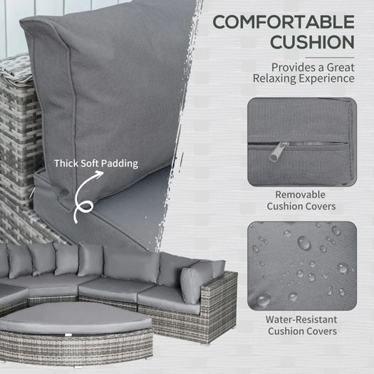6 PCs Outdoor Rattan Wicker Sofa Set Bonzer Half Round Patio Conversation Furniture Set w/ Angled Corner Design, Cushions Grey
