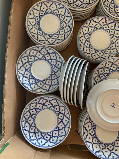 blue and white saucers