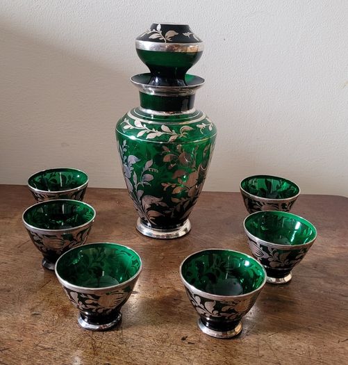 Art noveau emerald green silver overlay decanter & six cup set