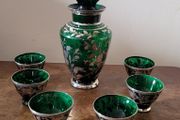 Art noveau emerald green silver overlay decanter &amp; six cup set