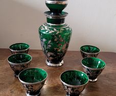 Antique art noveau silver overlay decanter & six cup set