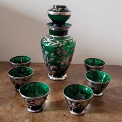 Antique art noveau silver overlay decanter & six cup set