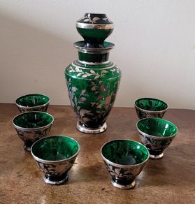 Art noveau emerald green silver overlay decanter & six cup set