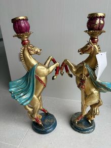 Pair of Ornate Gold Horse Candlesticks