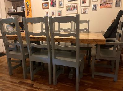 Rustic 8-Seater Solid Wood Dining Table & 8 Painted Ladderback Chairs