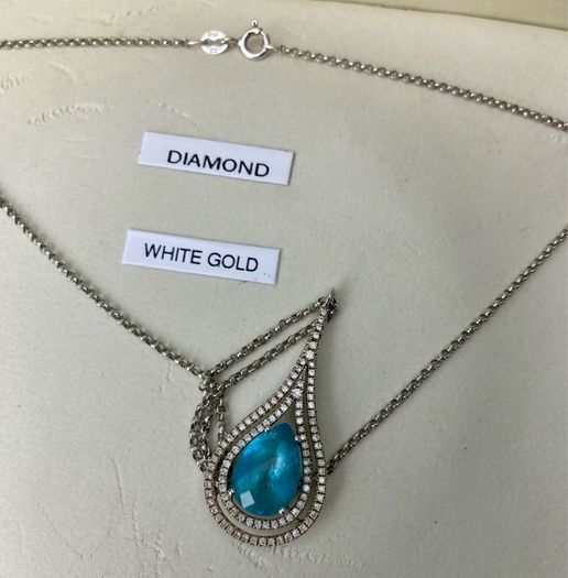 9ct White Gold 0.10ct Diamond and Blue Topaz Teardrop Pendant