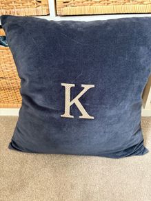 New Ex display 50cm x 50cm navy velvet cushion with taupe herringbone embroidered K