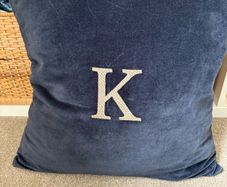 New Ex display 50cm x 50cm navy velvet cushion with taupe herringbone embroidered K