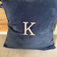 New Ex display 50cm x 50cm navy velvet cushion with taupe herringbone embroidered K