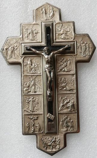 Vintage Wall Crucifix Featuring Embossed Plaques Depicting the 14 Stations of the Cross
