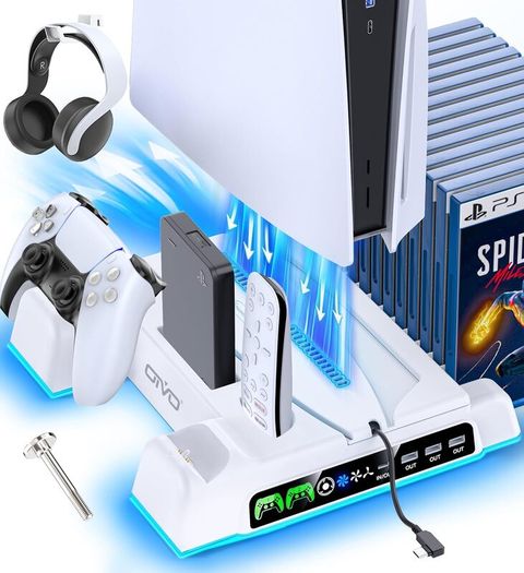 PS5/Slim/Pro Stand and Cooling Station with LED Controller Charging Station for PlayStation 5 Console, Controller Charger, Cooling Stand, PS5/Slim/Pro Accessories Kit with 3 Level Cooler Fan