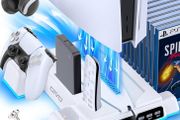 PS5/Slim/Pro Stand and Cooling Station with LED Controller Charging Station for PlayStation 5 Console, Controller Charger, Cooling Stand, PS5/Slim/Pro Accessories Kit with 3 Level Cooler Fan