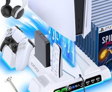 PS5/Slim/Pro Stand and Cooling Station with LED Controller Charging Station for PlayStation 5 Console, Controller Charger, Cooling Stand, PS5/Slim/Pro Accessories Kit with 3 Level Cooler Fan