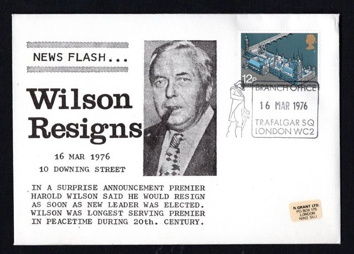1976 Great Britain cover commemorating Harold Wilson resigns 12p commemorative stamp with 16th March 1976 Trafalgar Square Branch office cancel