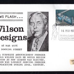 1976 Great Britain cover commemorating Harold Wilson resigns 12p commemorative stamp with 16th March 1976 Trafalgar Square Branch office cancel
