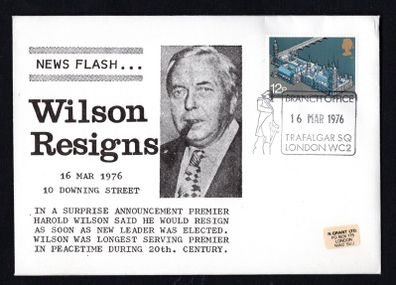 1976 Great Britain cover commemorating Harold Wilson resigns 12p commemorative stamp with 16th March 1976 Trafalgar Square Branch office cancel