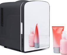 NEW SALE | Portable Mirrored Personal Fridge 4 Litre Mini Refrigerator, Skin Care, Makeup Storage, Beauty, Serums and Face Masks, Small for Desktop Or Travel, Cool & Heat, Cosmetic Application, Black
