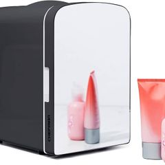 NEW SALE | Portable Mirrored Personal Fridge 4 Litre Mini Refrigerator, Skin Care, Makeup Storage, Beauty, Serums and Face Masks, Small for Desktop Or Travel, Cool & Heat, Cosmetic Application, Black