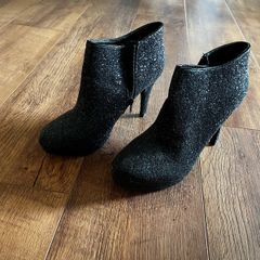 Black glitter ankle high heel boots