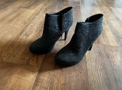 Black glitter ankle high heel boots