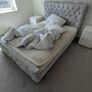 King size double bed frame with grey fabric headboard Image 3
