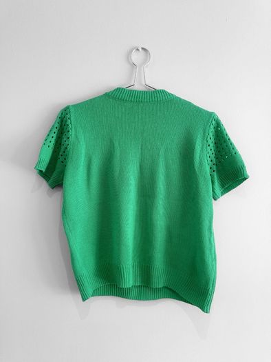 Pre Owned Bright Green Pointelle Short Sleeve Fine Knit Top