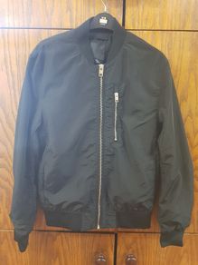 Long black heavy zipped sleeved jacket, Size - XS
