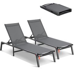 2Pcs Chaise Lounge Aluminum Patio Lounge Chairs with Adjustable 5-Position Recliner and Full Flat Tanning Chairs