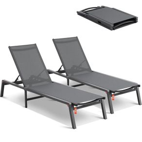 2Pcs Chaise Lounge Aluminum Patio Lounge Chairs with Adjustable 5-Position Recliner and Full Flat Tanning Chairs