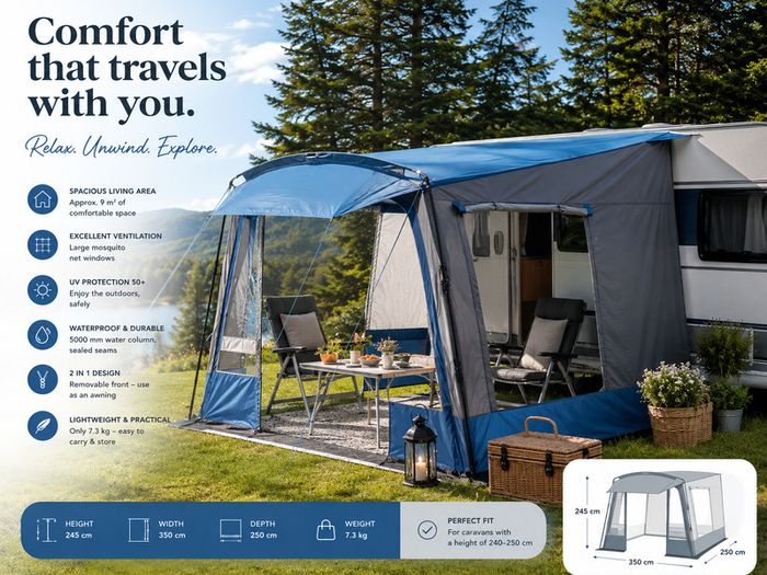 Caravan Awning Caravan Tent, 350cm Travel Awning with Removable Front Wall