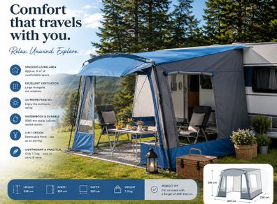 Caravan Awning Caravan Tent, 350cm Travel Awning with Removable Front Wall