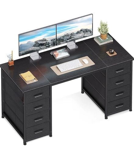 Computer Desk with 8 Fabric Drawers, Office Desk with Storage  120 x 48 cm Black Home Office Desk, PC Study Desk for Bedroom and Living Room Compact Work Table with More Storage Space