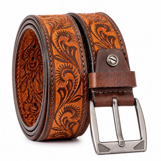 Unisex Genuine Leather Belt Vintage Embossed Design with Antique Buckle Casual & Formal Waist Belt