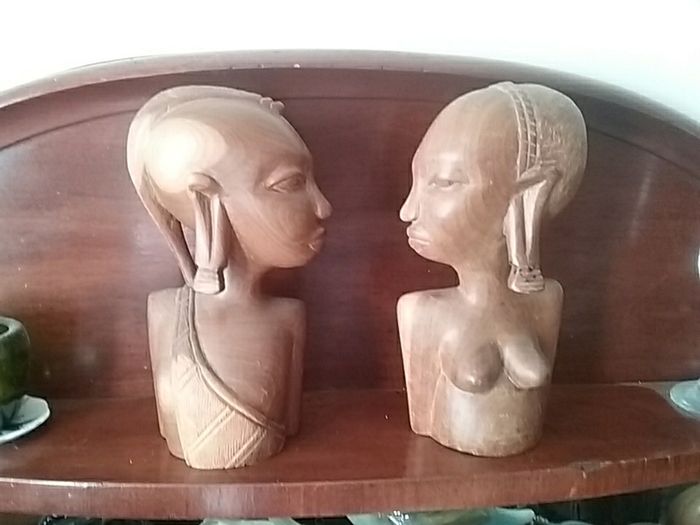 Pair of African Carved Wooden  Busts