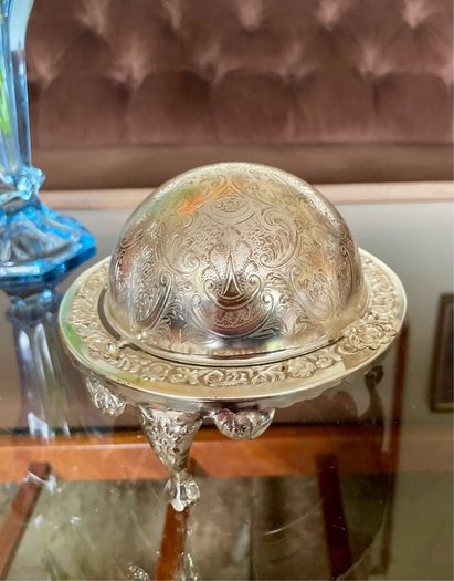 Vintage Silver Colour Roll Top Butter Dish with Glass Insert or Ornate Caviar Server