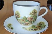 Cartwright &amp; Edwards Ltd. Country life scene 3 teacups &amp;  6 saucers with gilt rims