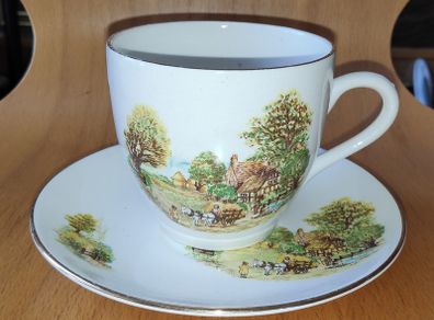 Cartwright & Edwards Ltd. Country life scene 3 teacups &  6 saucers with gilt rims