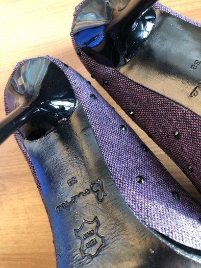 designer bourne stilettos purple tweed peep toe with black rhinestones and patent detail