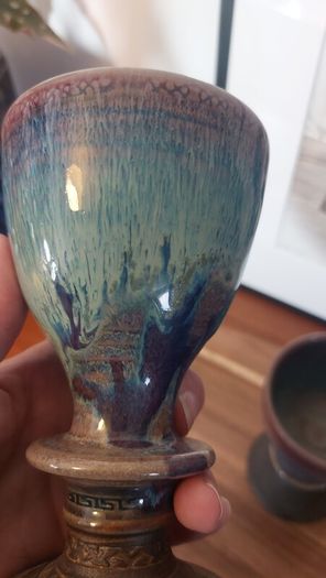 Wonderful Pair of Studio Art Pottery Goblets by Martin Branch Lyre Pottery, Cloncorban, Rossmore, Clonakilty, West Cork in a Fabulous Colourful Variegated Glaze. Pair Two