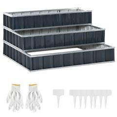 118cm x 118cm x 62cm 3 Tier Raised Garden Bed, Metal Elevated Planer Box Kit Flower Pot w/ A Pairs of Glove for Backyard, Patio to Grow Vegetables, Herbs, and Flowers, Grey