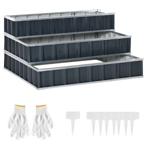 118cm x 118cm x 62cm 3 Tier Raised Garden Bed, Metal Elevated Planer Box Kit Flower Pot w/ A Pairs of Glove for Backyard, Patio to Grow Vegetables, Herbs, and Flowers, Grey