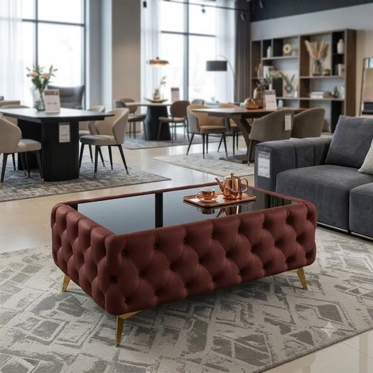 Chesterfield Coffee Table Velvet Rectangle 83x63x45cm with Glass