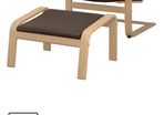IKEA POANG brown leather armchair with foot stool