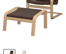 IKEA POANG brown leather armchair with foot stool
