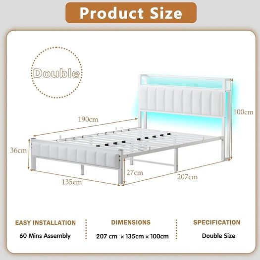 Double Bed Frame with Storage Upholstered Headboard,LED Lights,4ft6 Heavy Duty Metal Bed Frame Double Beds with Charging Station,No Box Spring Needed,Strong Steel Slats Support,White Velvet